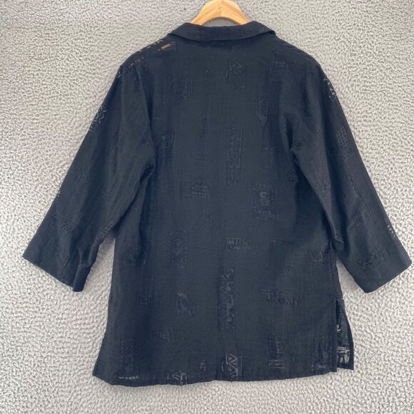 Chicos Top Womens 1 US Medium Black Burnout Tribal Button Up Collar 3/4 Sleeve - Picture 3 of 11